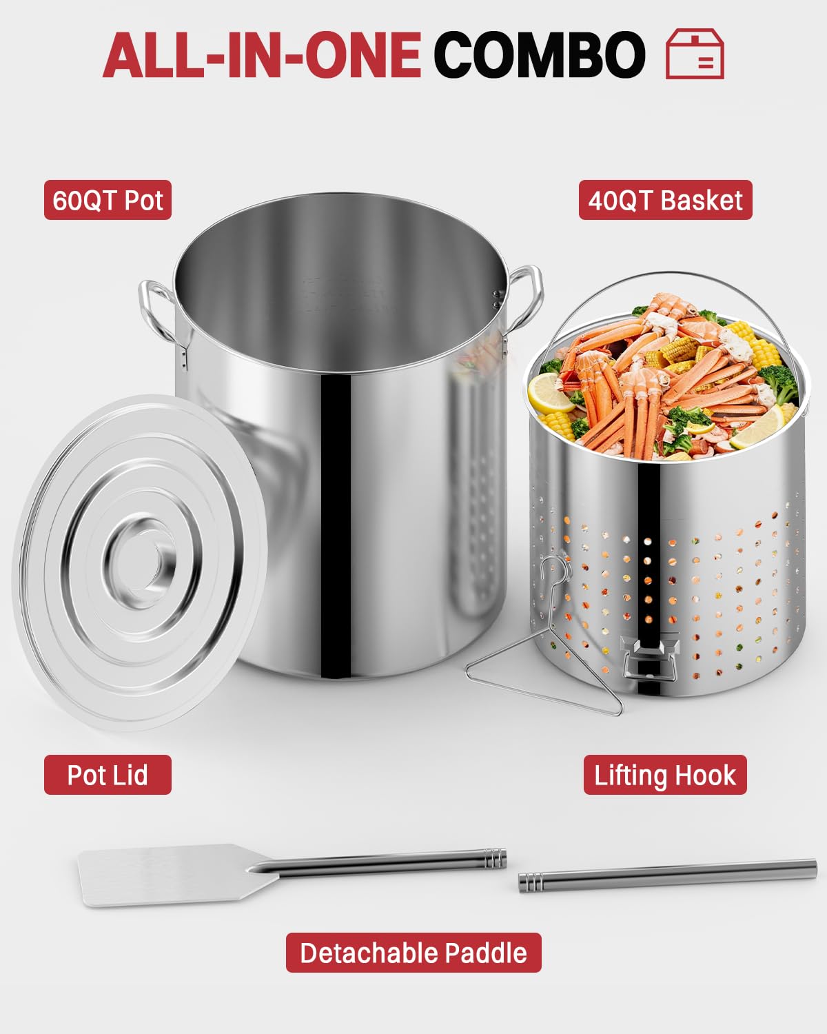 60QT Stainless Steel Stockpot with Basket M894519
