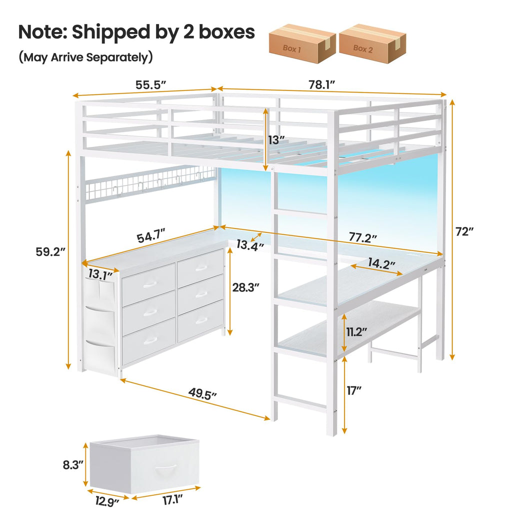 Full Size Loft Bed with U-Shaped Desk and 6 Storage Drawers O3402