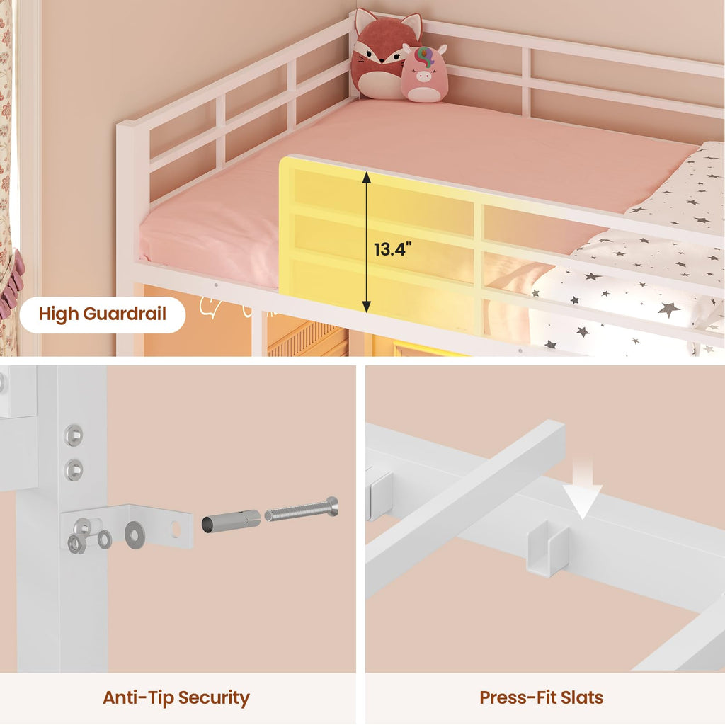 White Twin Over Twin Low Bunk Bed with Desk & 3 Storage Drawers J8485