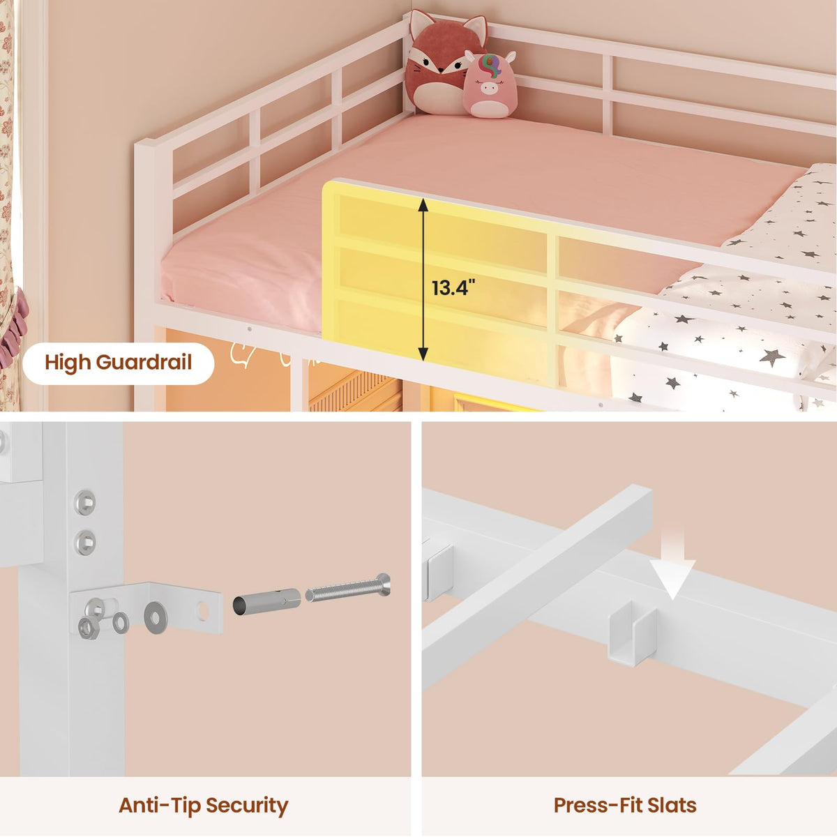 White Twin Over Twin Low Bunk Bed with Desk & 3 Storage Drawers J8485