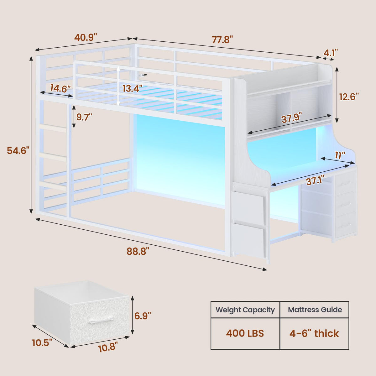 White Twin Over Twin Low Bunk Bed with Desk & 3 Storage Drawers J8485