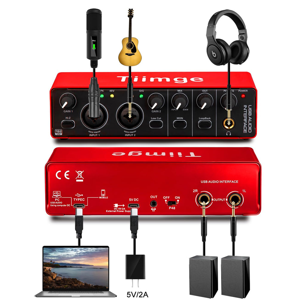 USB Audio Interface with 48V Phantom Power, 24Bit/192kHz, XLR/TRS Inputs T2480