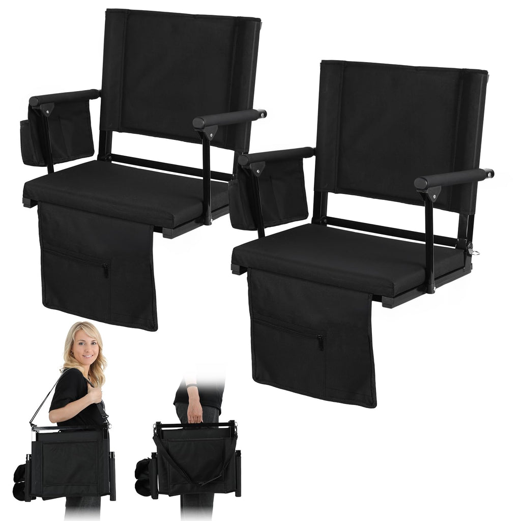 2 Pcs Folding Stadium Seat with Back Support & Cushion Black S672