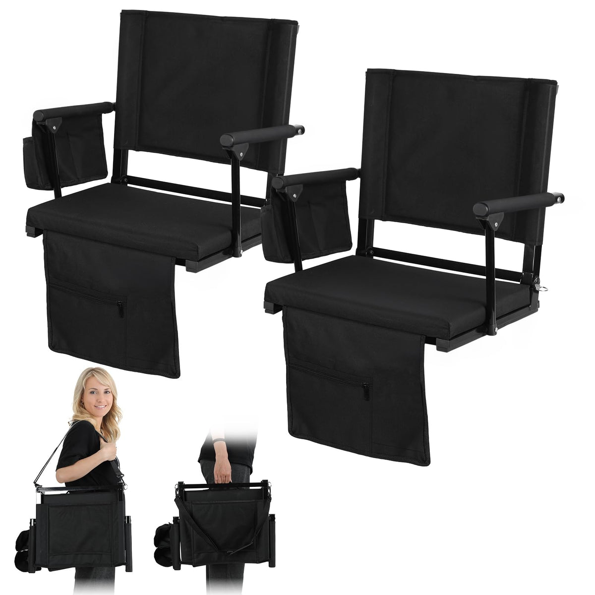 2 Pcs Folding Stadium Seat with Back Support & Cushion Black S672