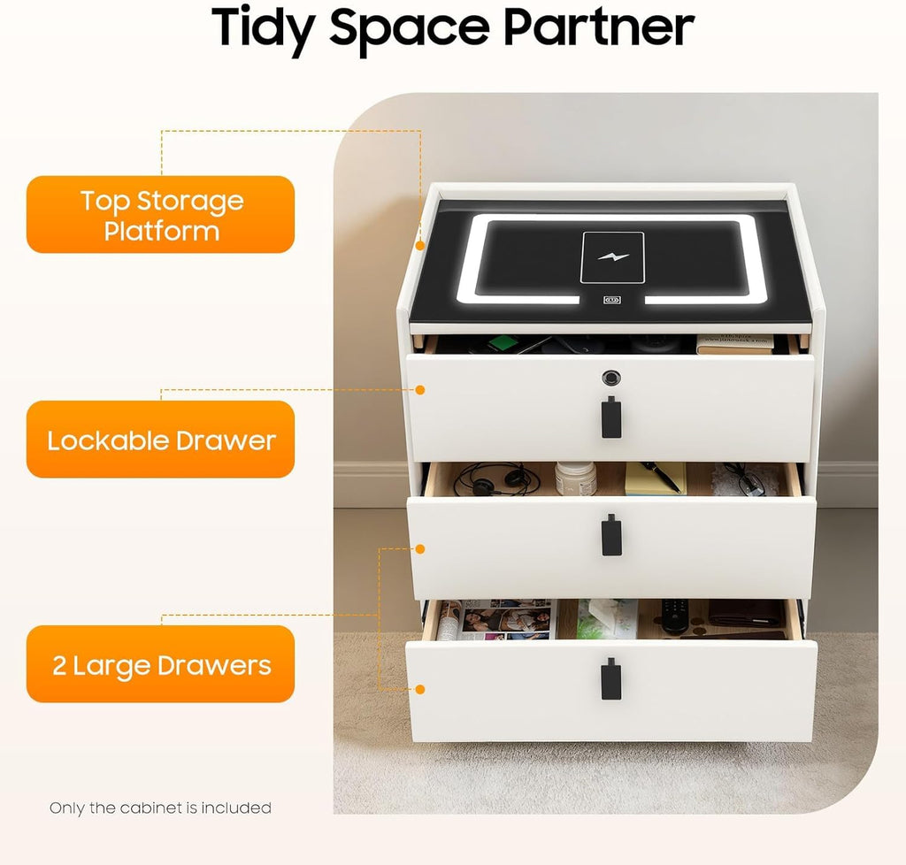 Beige 3 Drawer Smart Nightstand with Fingerprint Lock Z667591