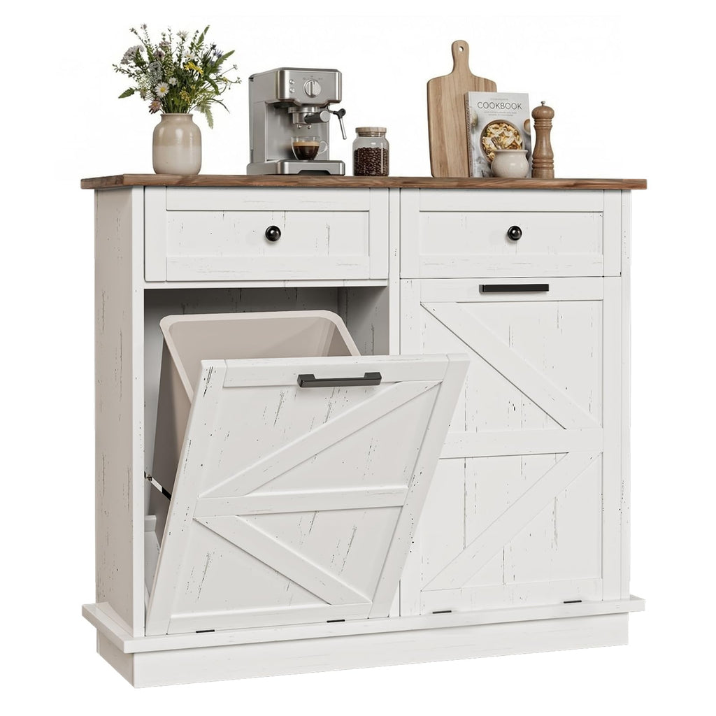 Brown White Double Tilt Out Trash Cabinet with Drawers O655300