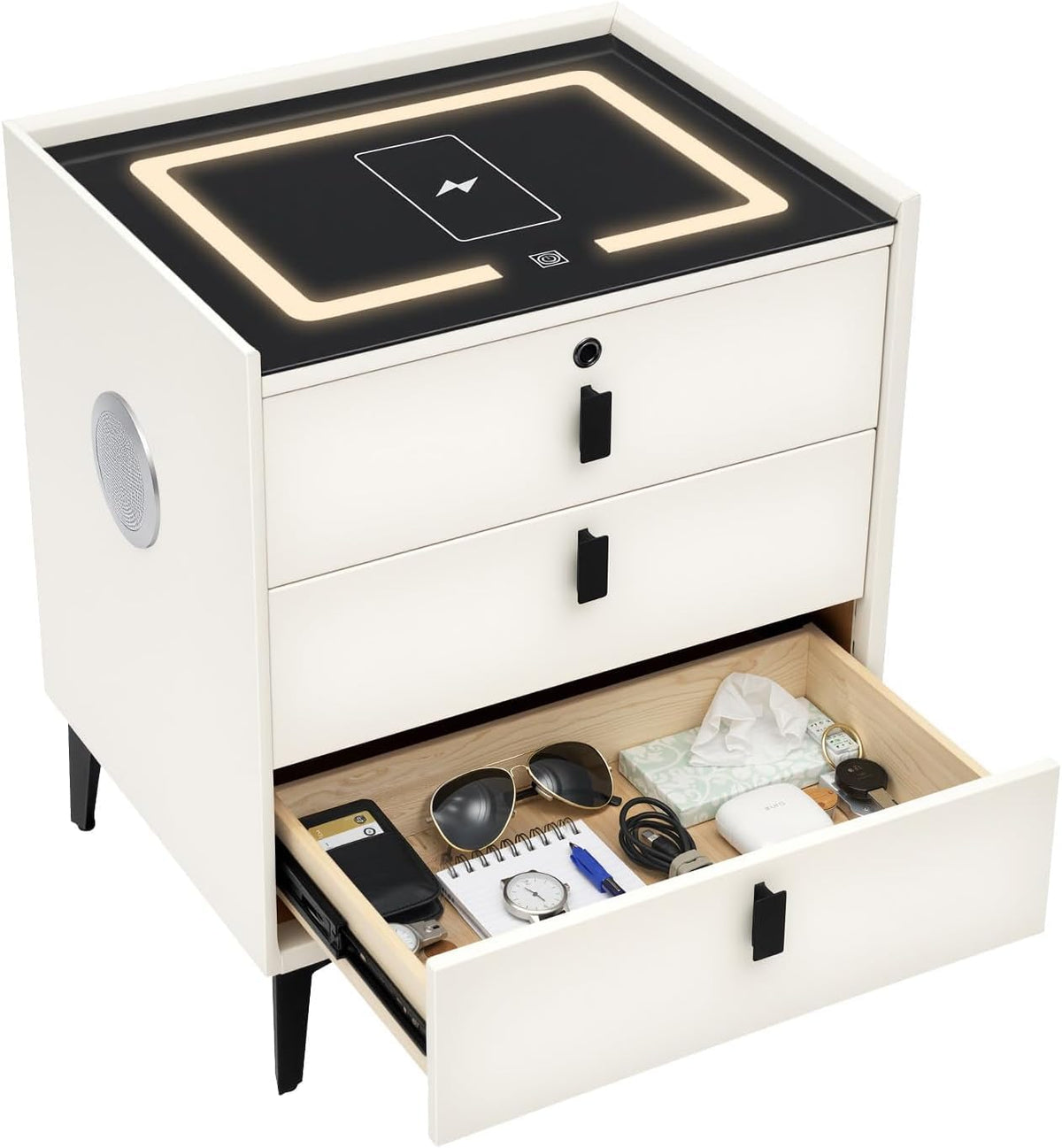 Beige 3 Drawer Smart Nightstand with Fingerprint Lock Z667591