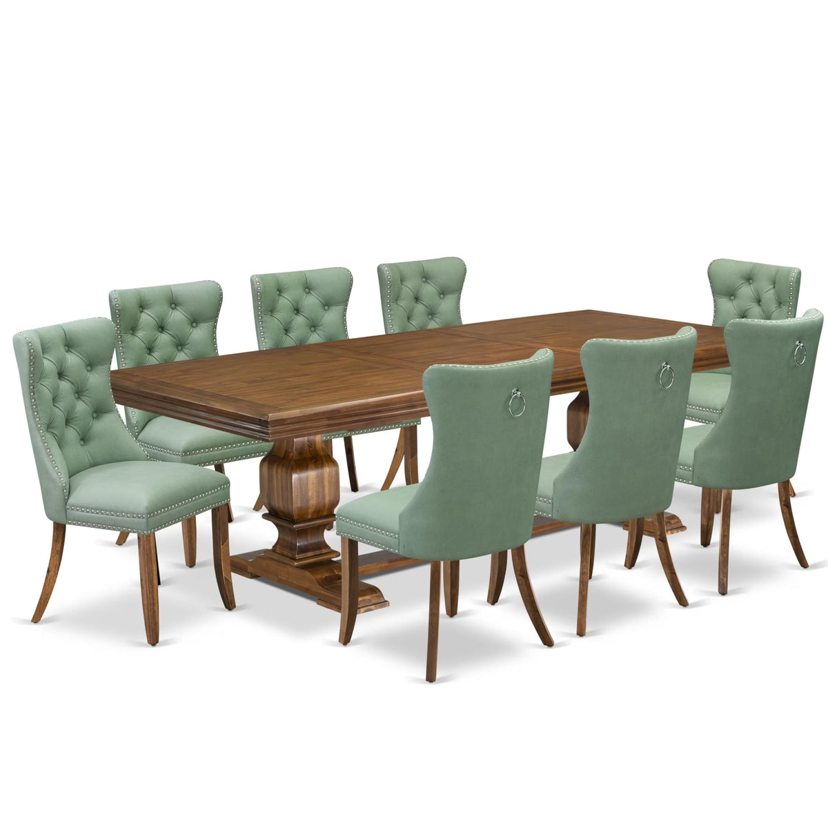 9 Piece Mid-century Dining Table Set with 8 Willow Green Polyester Chairs E514773