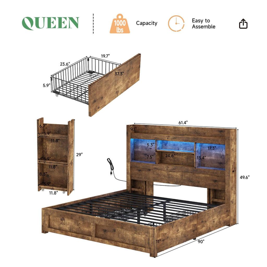 Full Bed Frame with Bookcase Headboard & Storage W740462