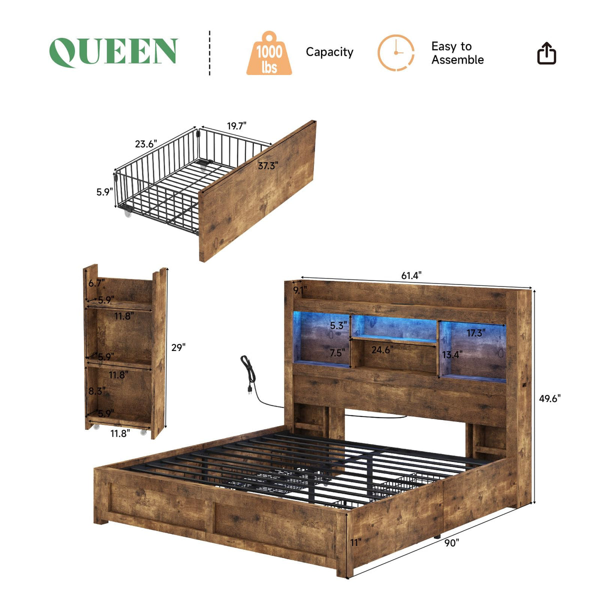 Full Bed Frame with Bookcase Headboard & Storage W740462