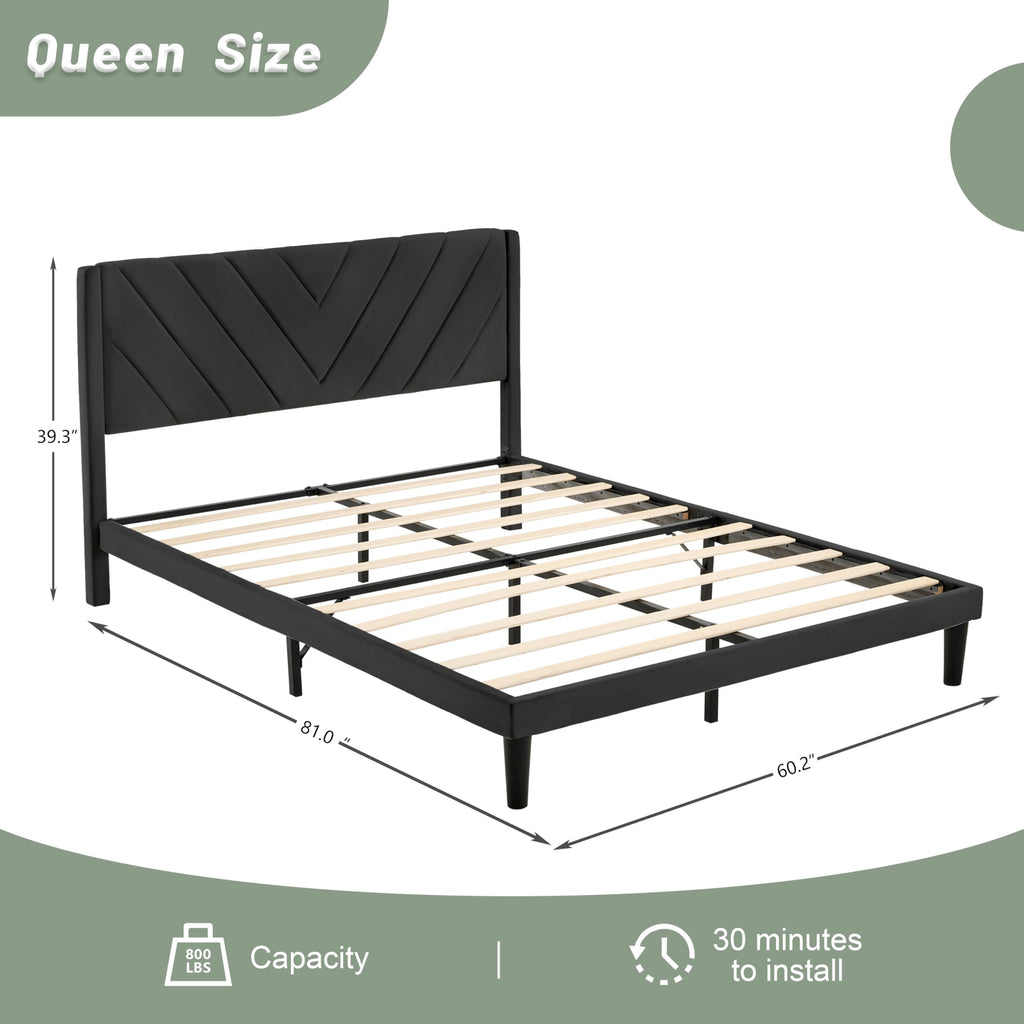 Queen Size Velvet Platform Bed Frame with Headboard E78158