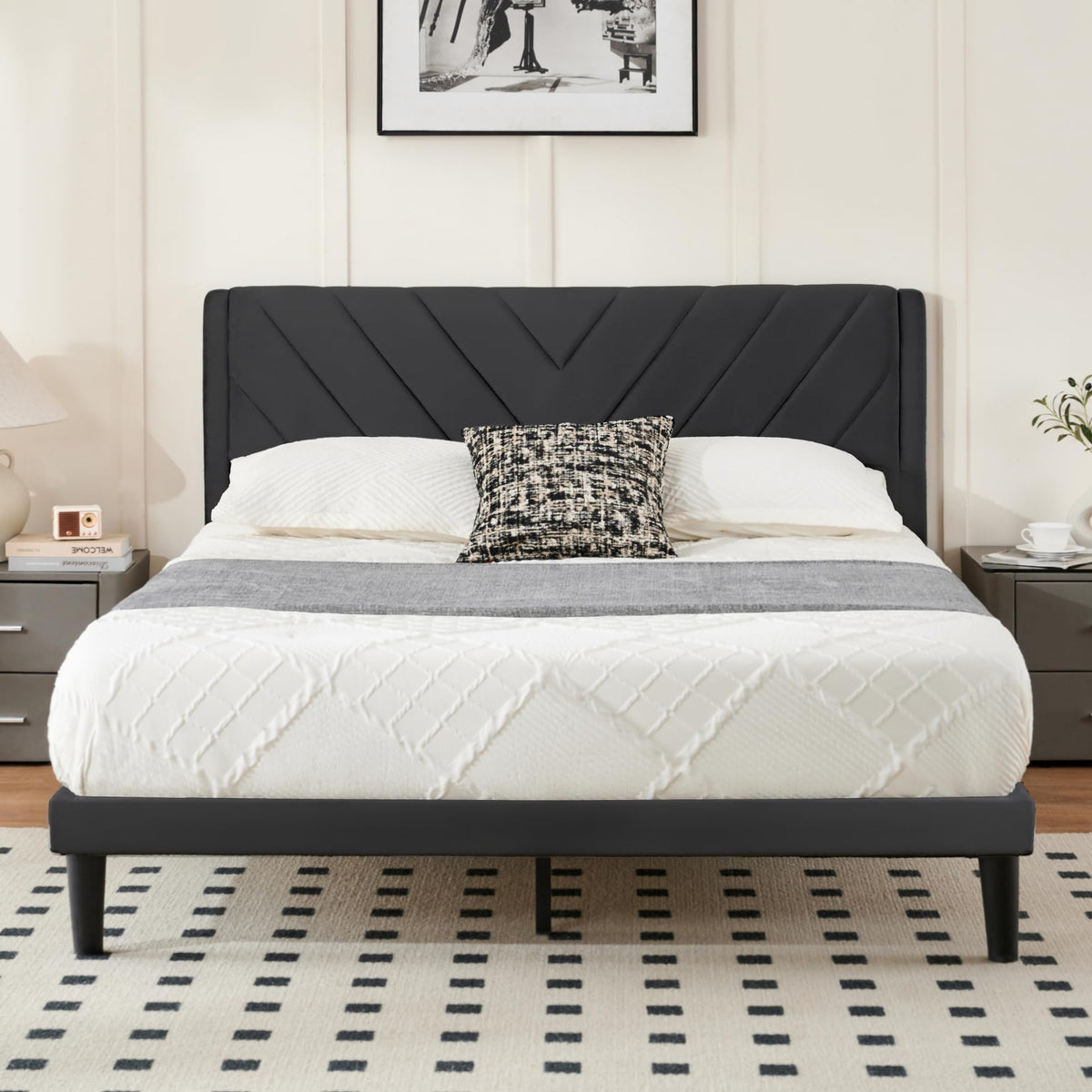 Queen Size Velvet Platform Bed Frame with Headboard E78158