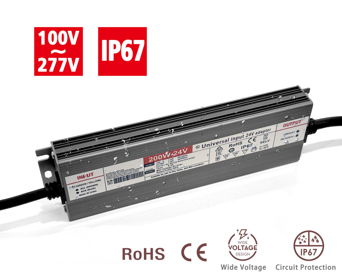 200W AC100-277V to DC24V Waterproof IP67 LED Driver Power Supply Q408
