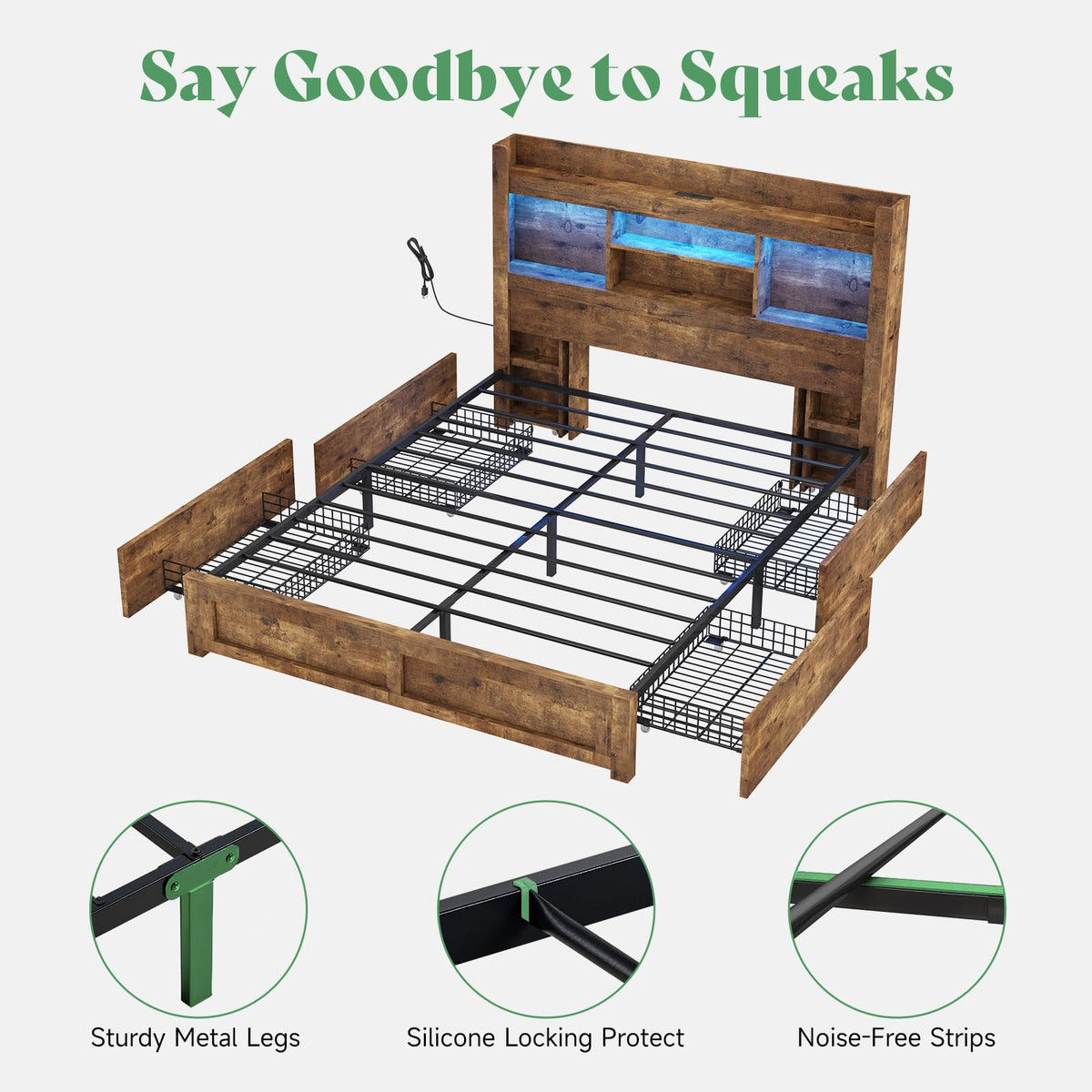 Full Bed Frame with Bookcase Headboard & Storage W740462