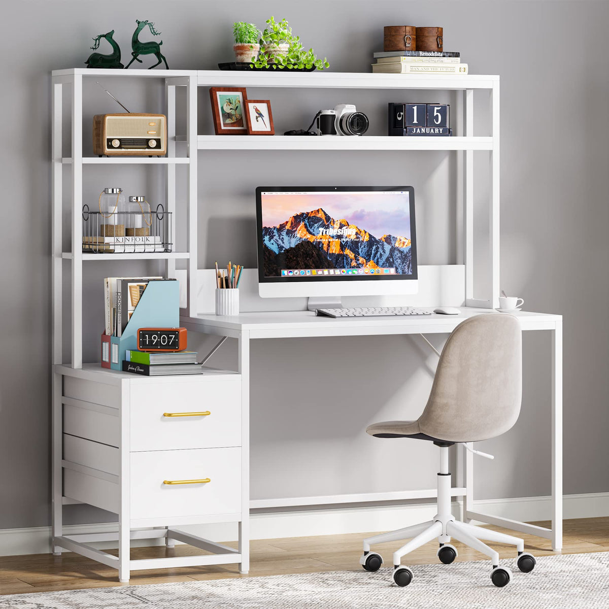 55 Inch Computer Desk with 2 Drawers and Storage Shelves X551569