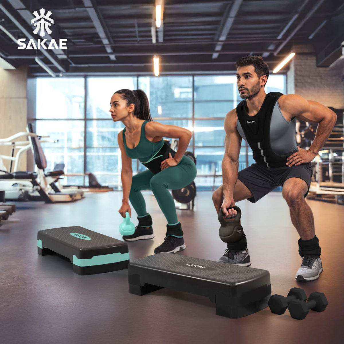 Adjustable Height Aerobic Stepper Set with Dumbbells, Kettlebell, Waist Trimmer, Ankle Weights or Weighted Vest U45683