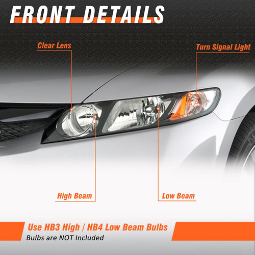 2006-2011 Honda Civic 4 Door Black Headlights Pair M54150