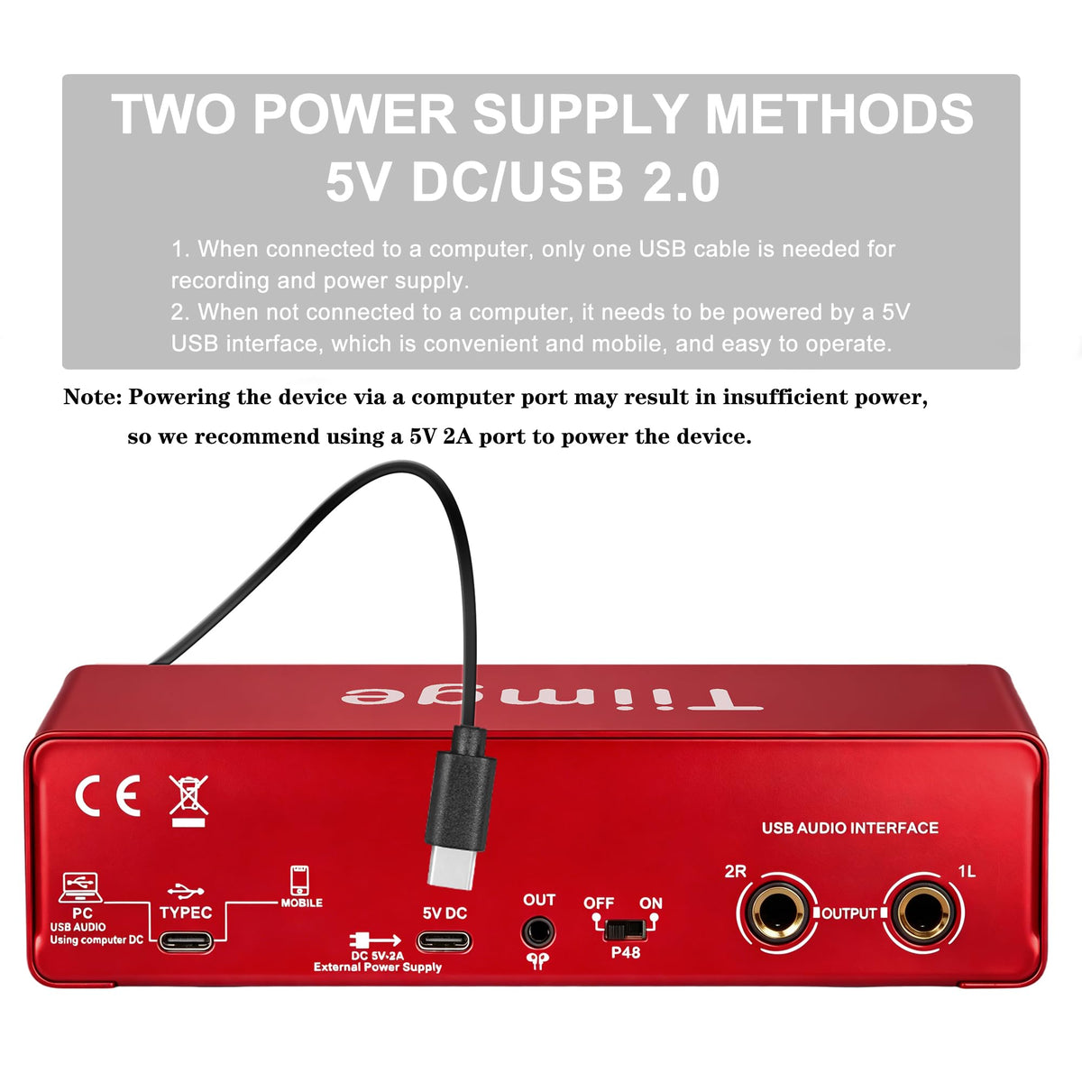 USB Audio Interface with 48V Phantom Power, 24Bit/192kHz, XLR/TRS Inputs T2480