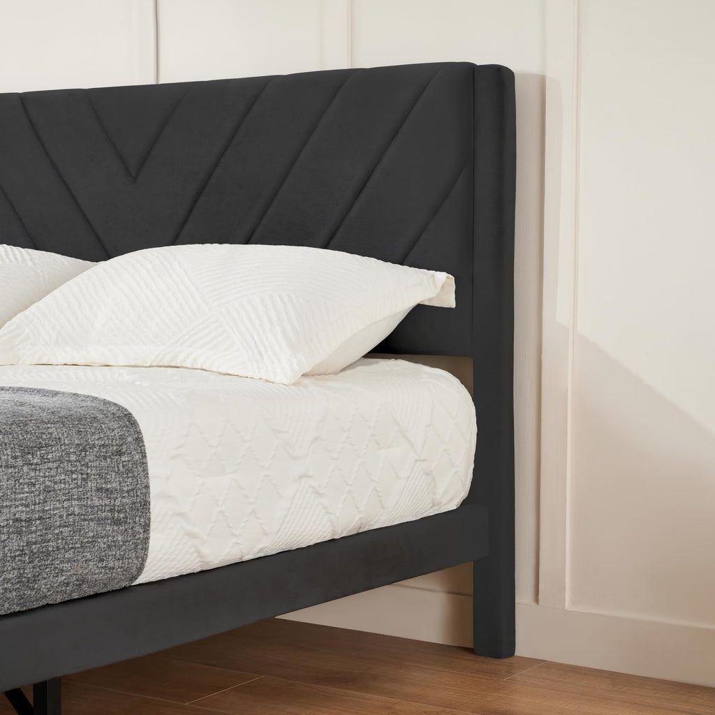 Queen Size Velvet Platform Bed Frame with Headboard E78158