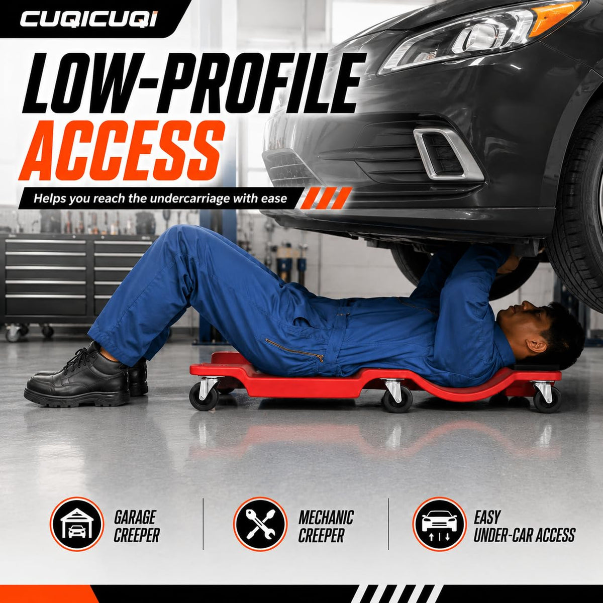 Low Profile Mechanic Creeper with Padded Headrest and 6 Swivel Casters V454