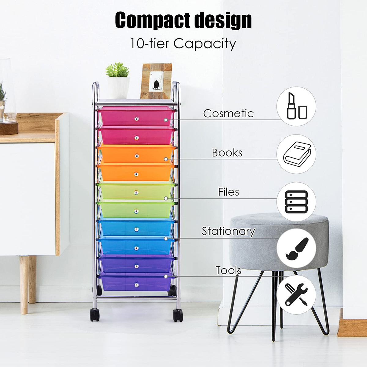 Rolling Storage Cart with 10 Drawers, Utility Cart with Wheels A73813