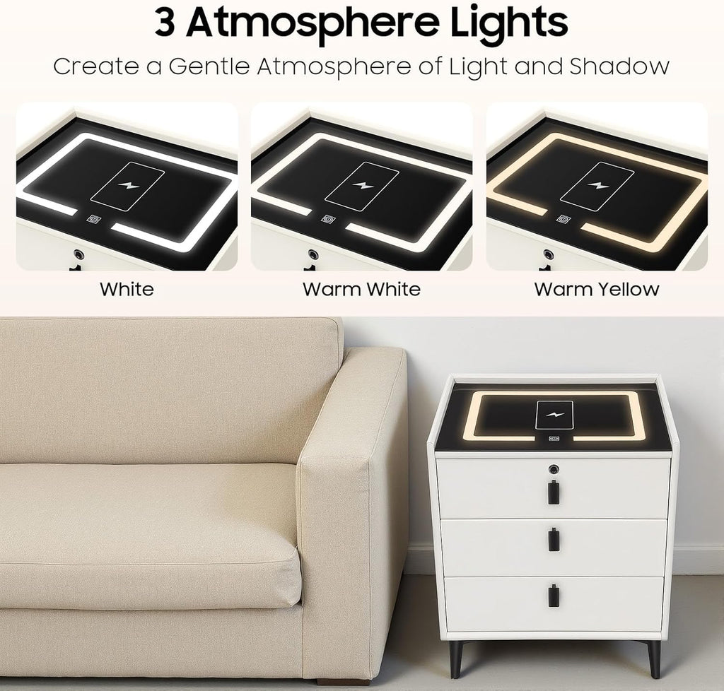Beige 3 Drawer Smart Nightstand with Fingerprint Lock Z667591