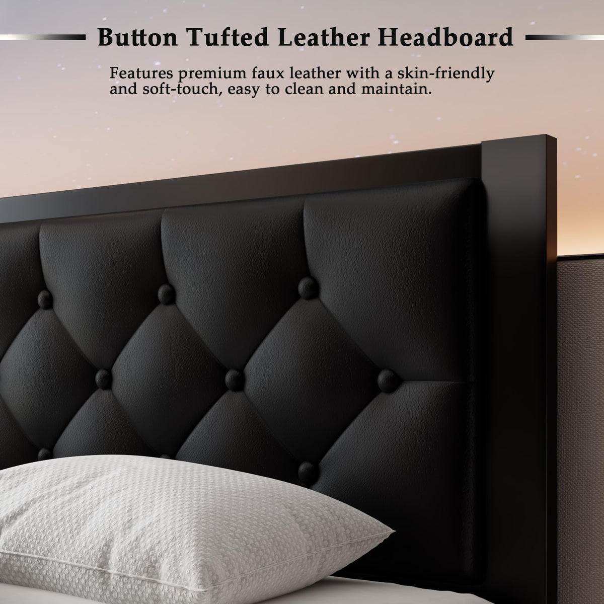 Twin Size Black Metal Platform Bed Frame with Faux Leather Tufted Headboard F8072