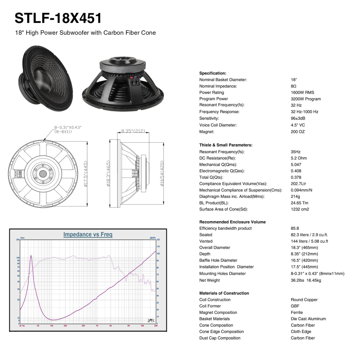 18" 1600W Cast Aluminum Frame Carbon Fiber Cone Woofer C225076