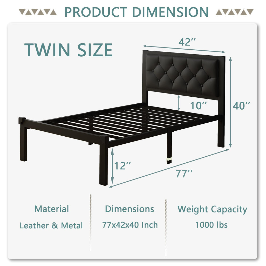Twin Size Black Metal Platform Bed Frame with Faux Leather Tufted Headboard F8072