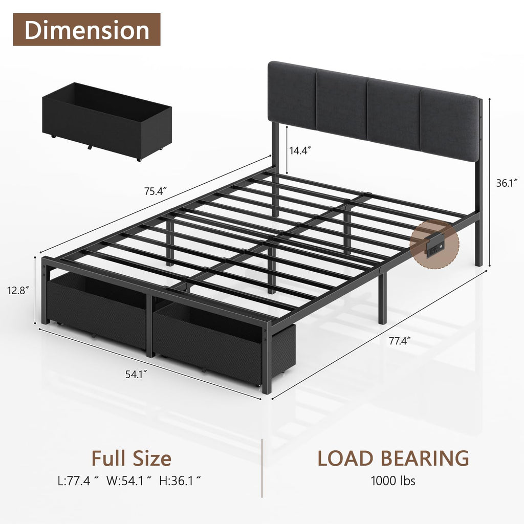 Full Size Bed Frame with Upholstered Headboard & 2 Storage Drawers Q203