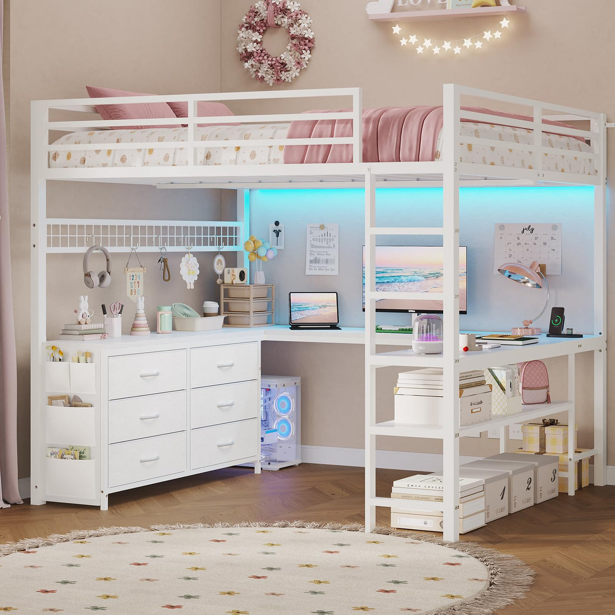 Full Size Loft Bed with U-Shaped Desk and 6 Storage Drawers O3402