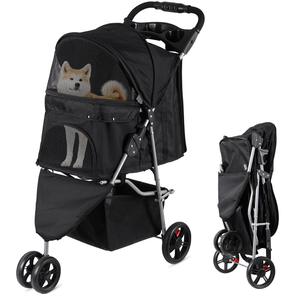 Foldable Pet Stroller with Weather Cover, Storage Basket and Cup Holder I529