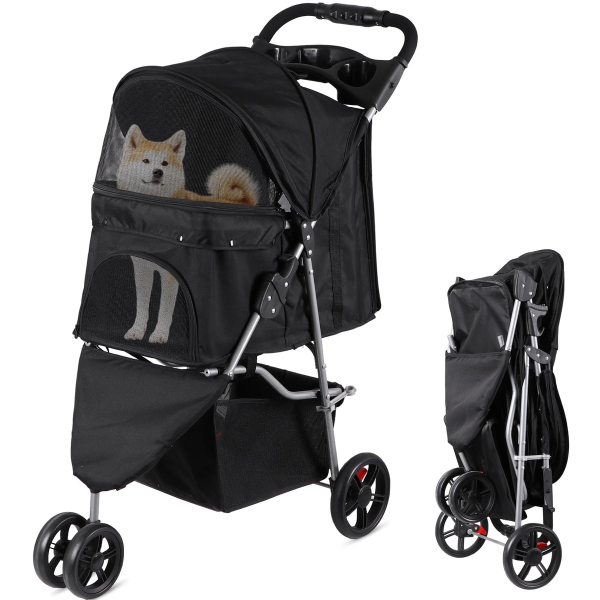 Foldable Pet Stroller with Weather Cover, Storage Basket and Cup Holder I529