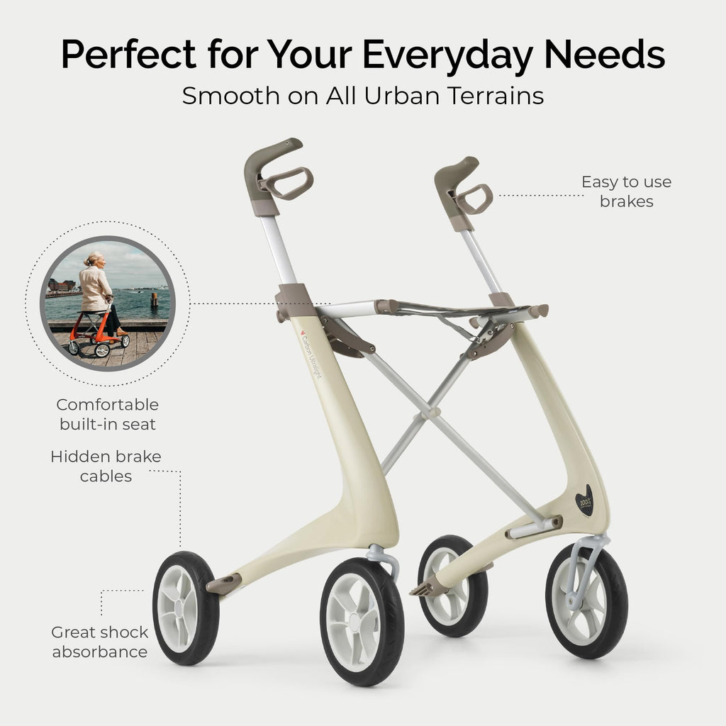 Carbon Ultralight Rollator Walker, 10.6 lbs, Oyster White, Compact M31839