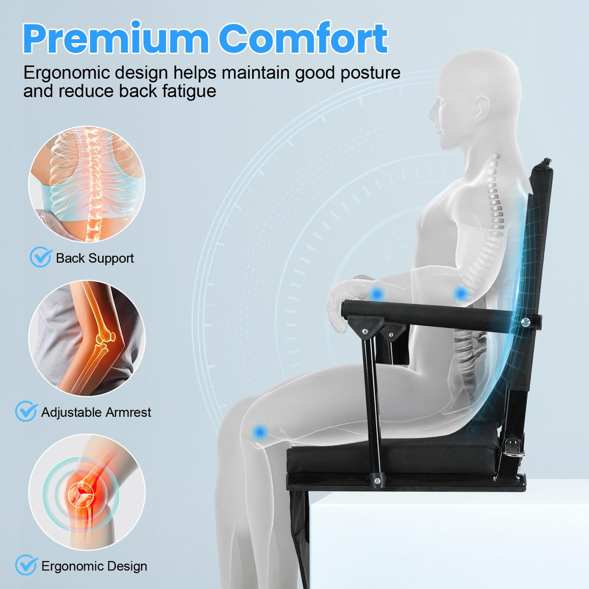 2 Pcs Folding Stadium Seat with Back Support & Cushion Black S672