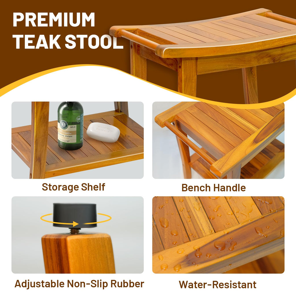 20" Teak Shower Bench with Shelf & Handle M878