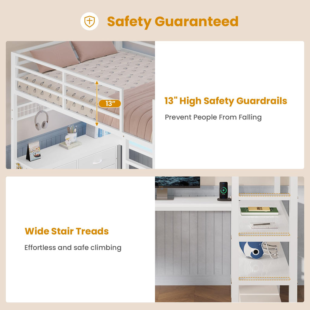 Full Size Loft Bed with U-Shaped Desk and 6 Storage Drawers O3402