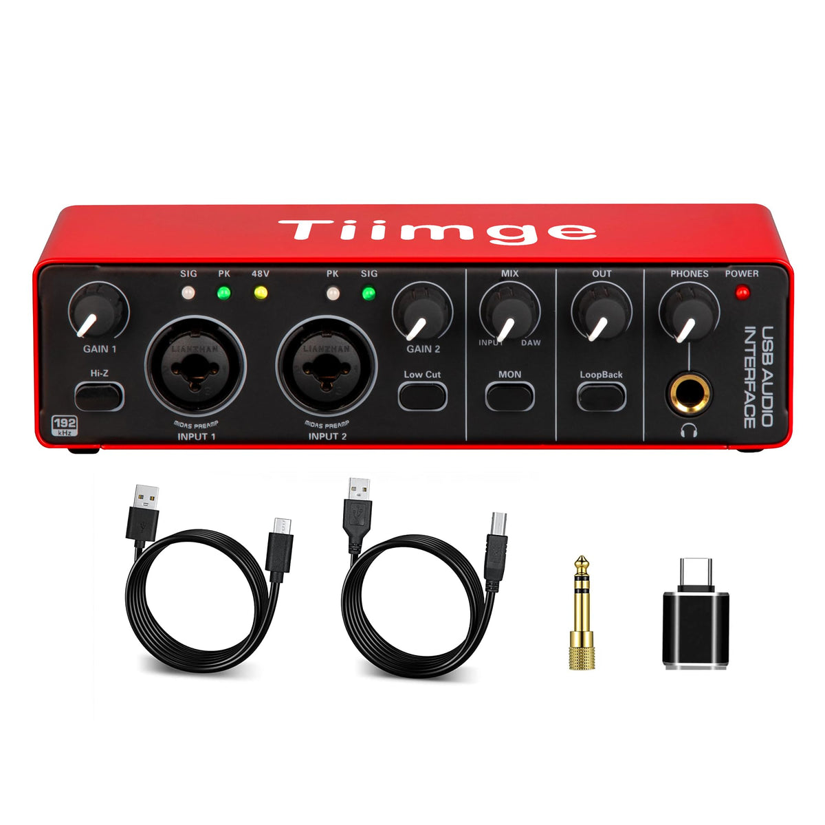 USB Audio Interface with 48V Phantom Power, 24Bit/192kHz, XLR/TRS Inputs T2480