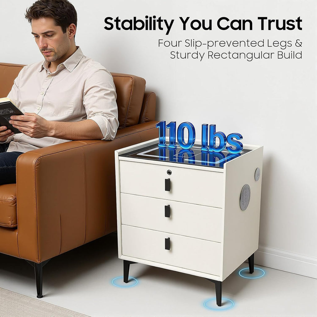 Beige 3 Drawer Smart Nightstand with Fingerprint Lock Z667591