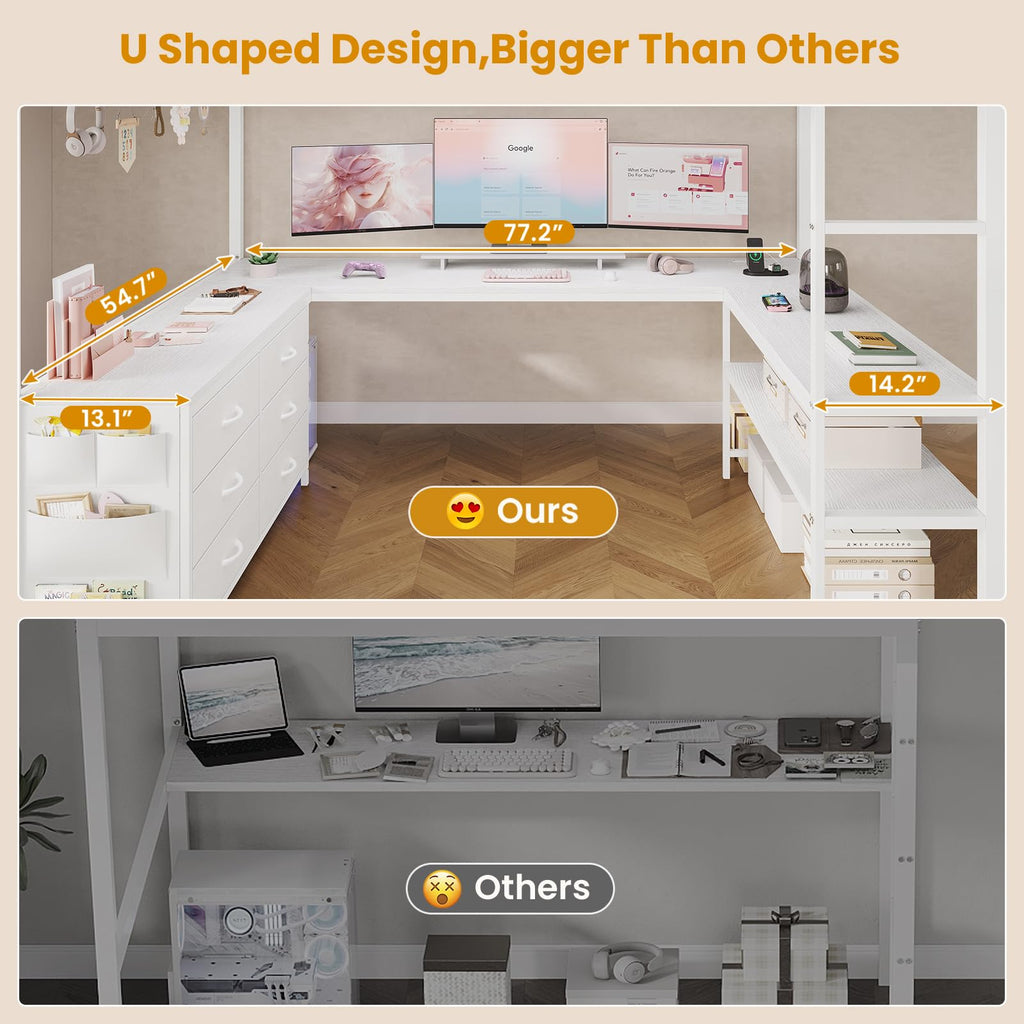 Full Size Loft Bed with U-Shaped Desk and 6 Storage Drawers O3402