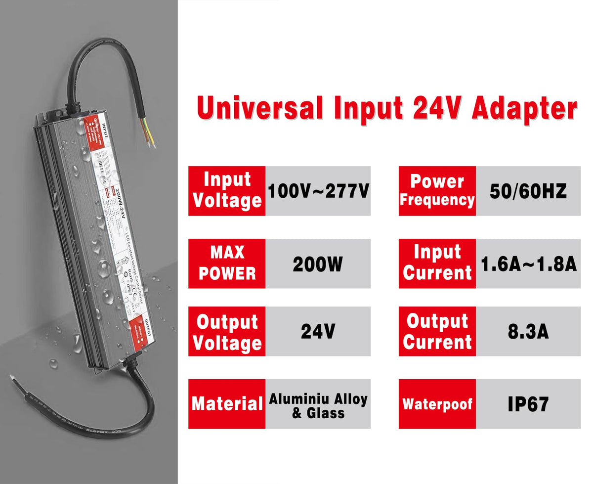 200W AC100-277V to DC24V Waterproof IP67 LED Driver Power Supply Q408