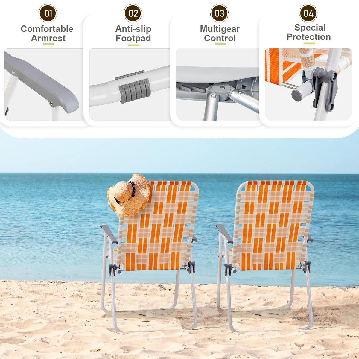 Folding Webbed Patio Chair Set of 2 Orange & White O105