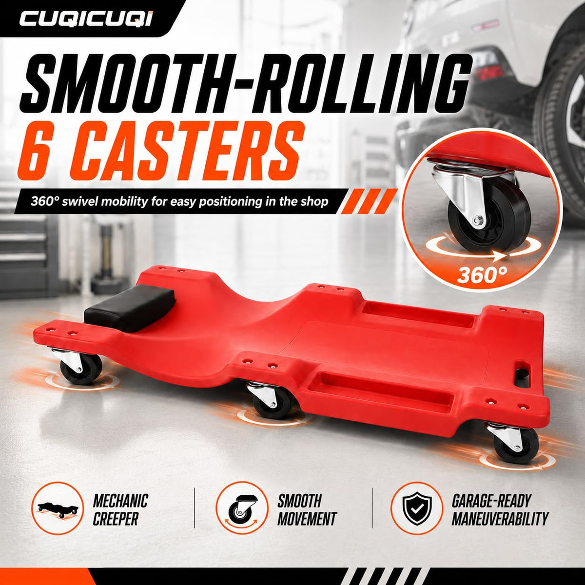 Low Profile Mechanic Creeper with Padded Headrest and 6 Swivel Casters V454