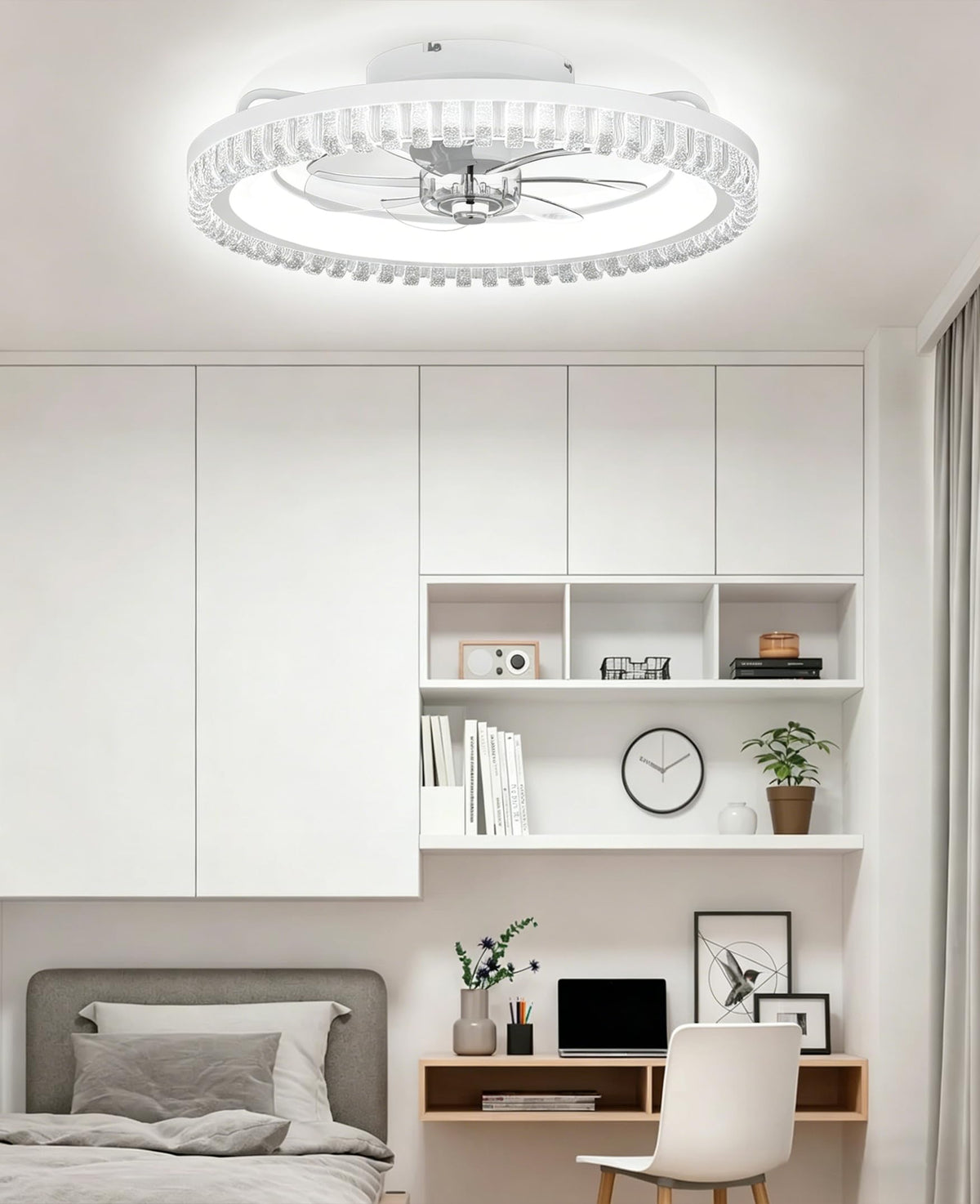 20" White Flush Mount Ceiling Fan with Light A9037