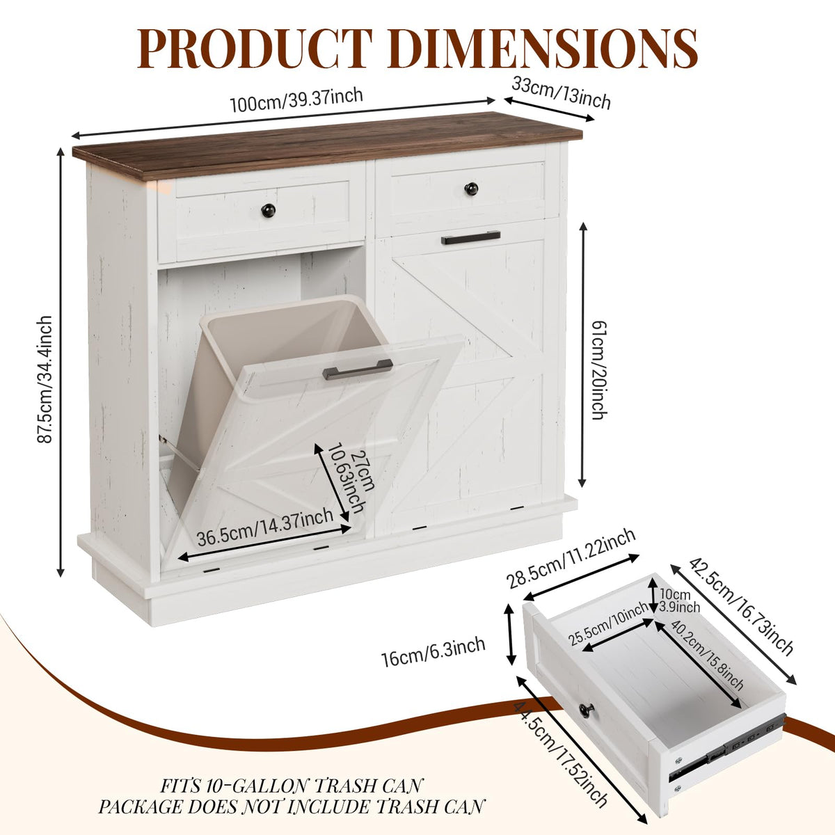 Brown White Double Tilt Out Trash Cabinet with Drawers O655300
