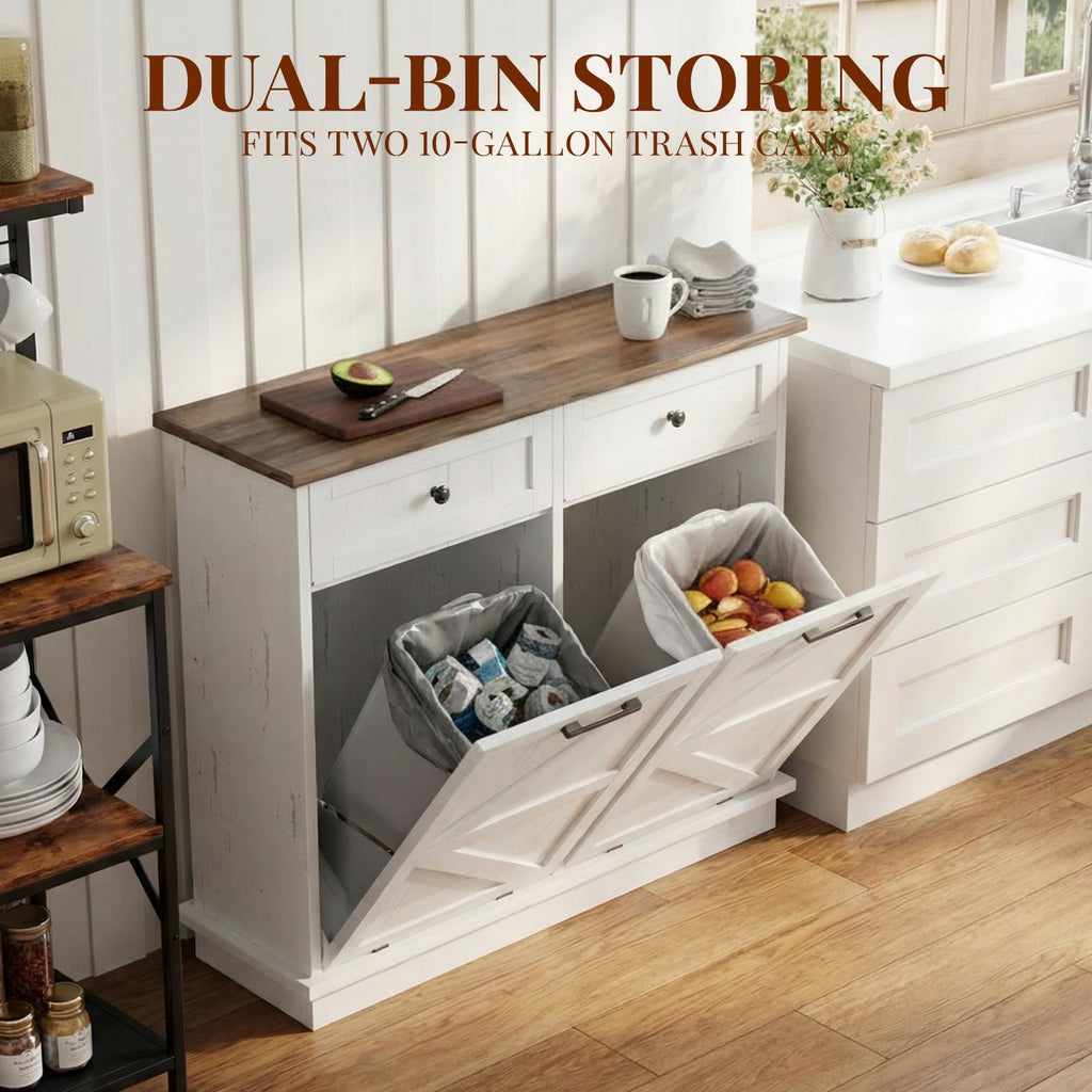 Brown White Double Tilt Out Trash Cabinet with Drawers O655300