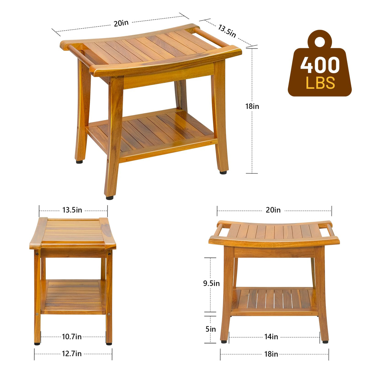 20" Teak Shower Bench with Shelf & Handle M878
