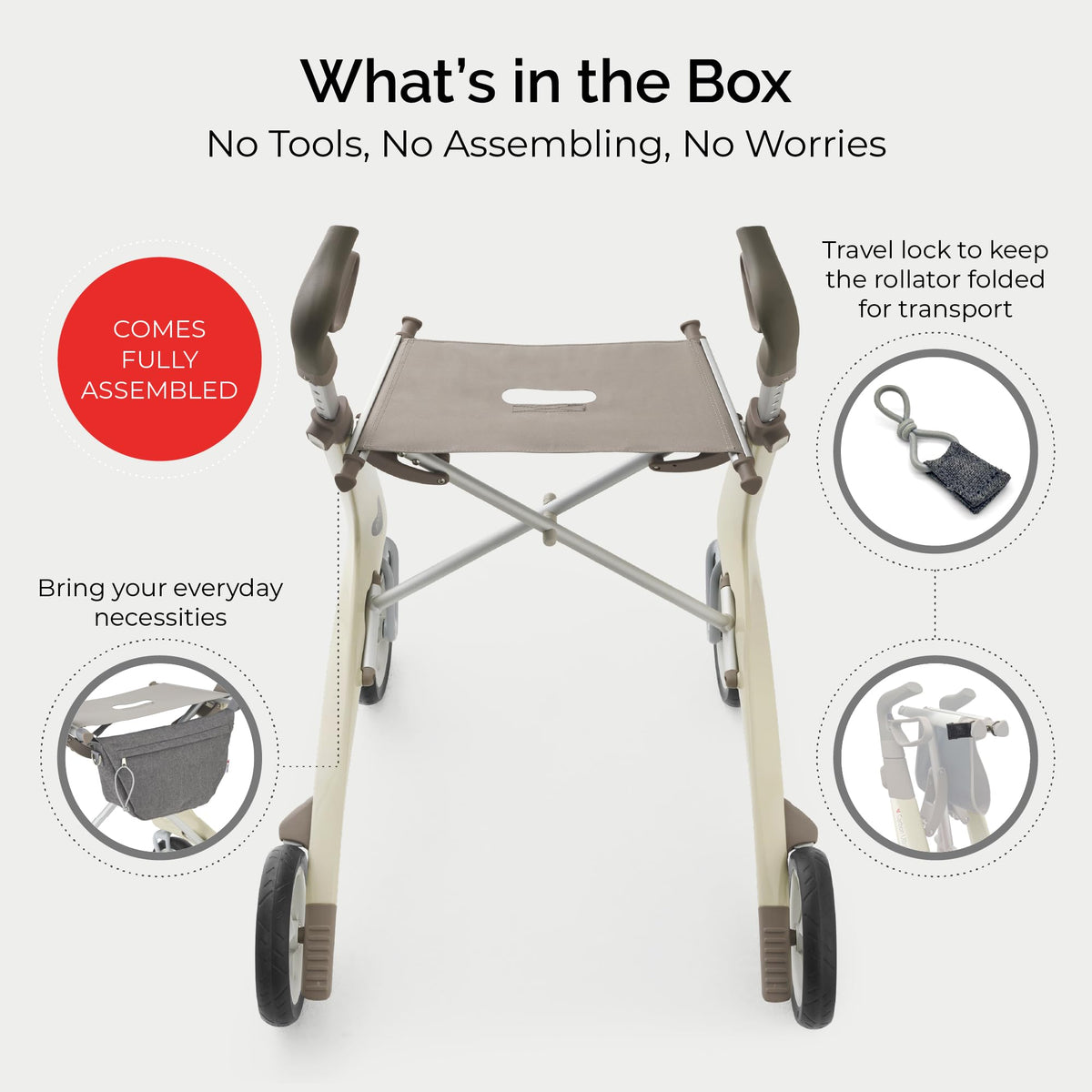 Carbon Ultralight Rollator Walker, 10.6 lbs, Oyster White, Compact M31839