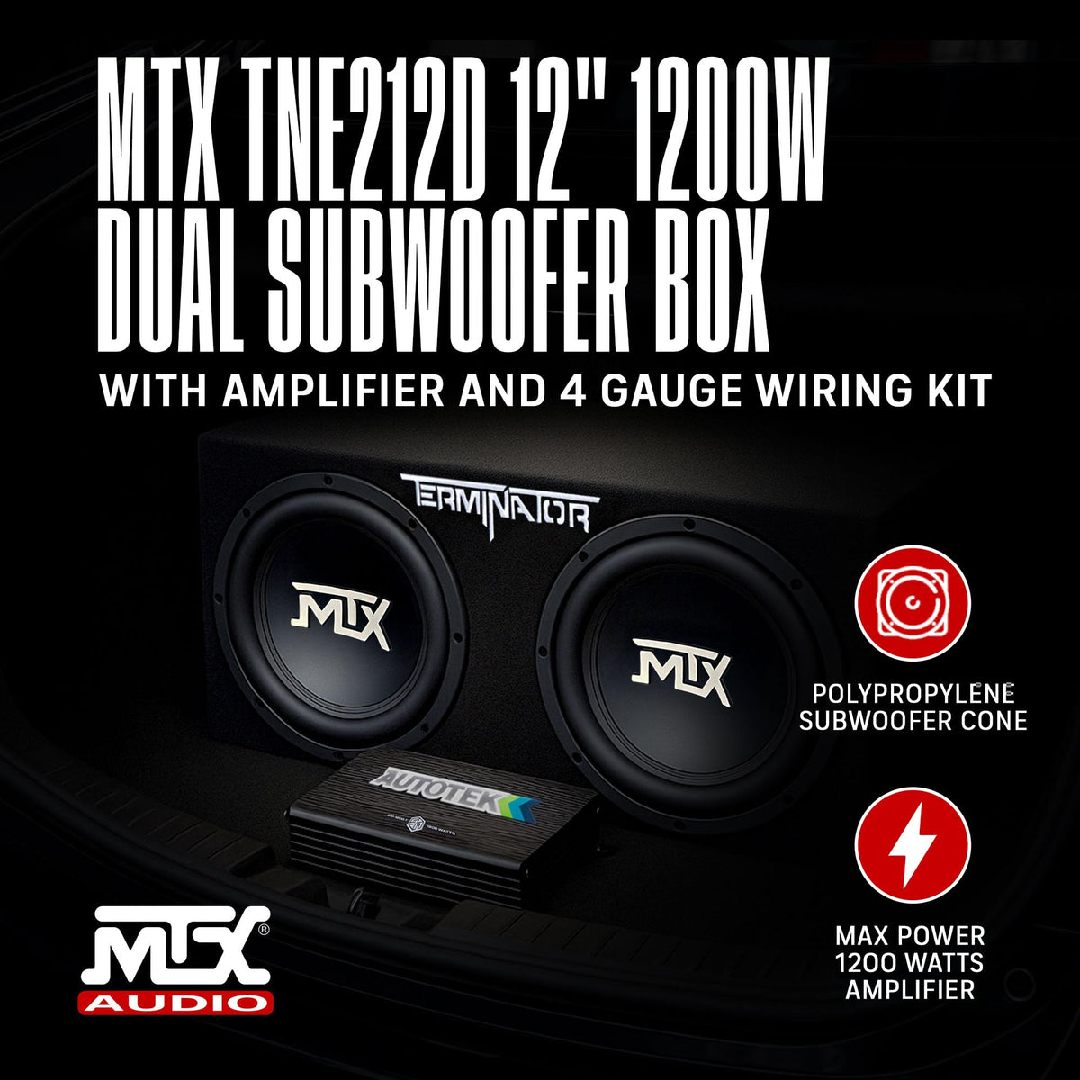 12" Subwoofer Box, Mono Amp & 4 Gauge Wiring Kit I2051