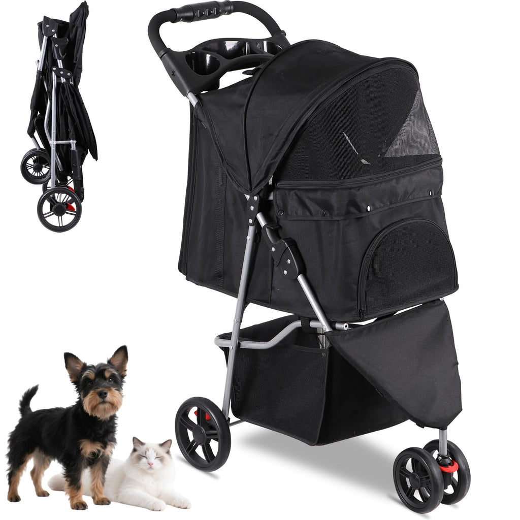 Foldable Pet Stroller with Weather Cover, Storage Basket and Cup Holder I529